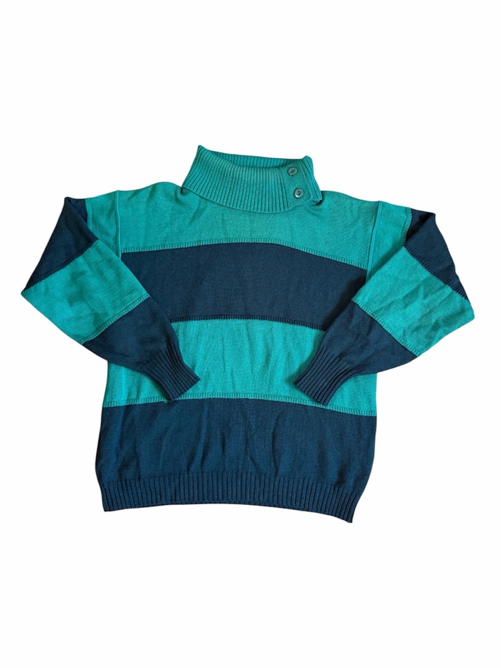 Rodier Vintage 90s Teal & Navy Striped Button-Neck Sweater 4
